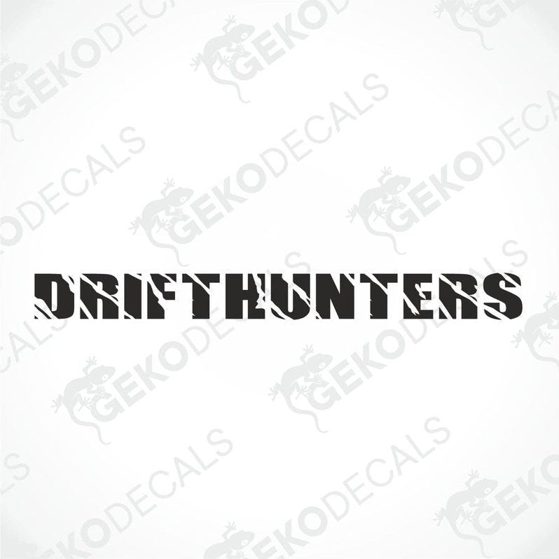Black car windshield sticker with cut-out text DRIFTHUNTERS