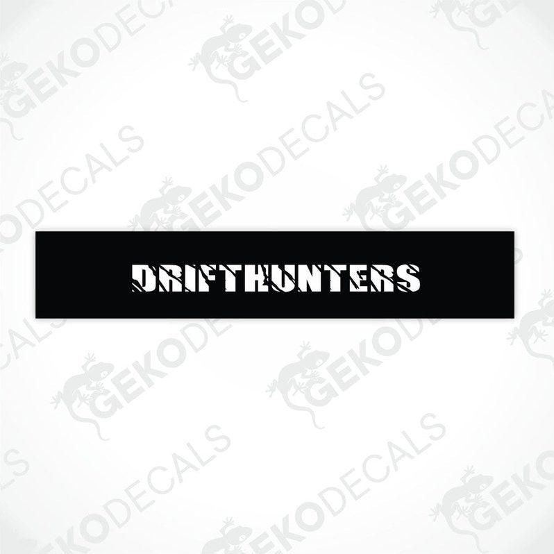 Black car windshield sun visor with white text DRIFTHUNTERS