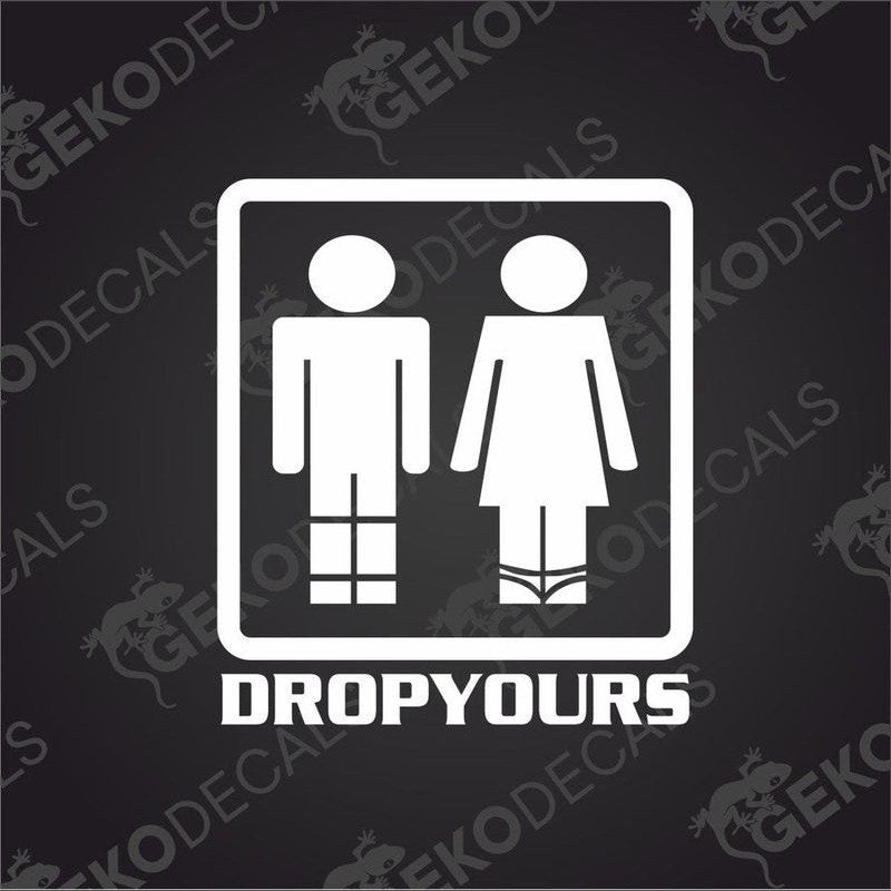 White DROPYOURS die-cut sticker with male and female figures on transfer paper
