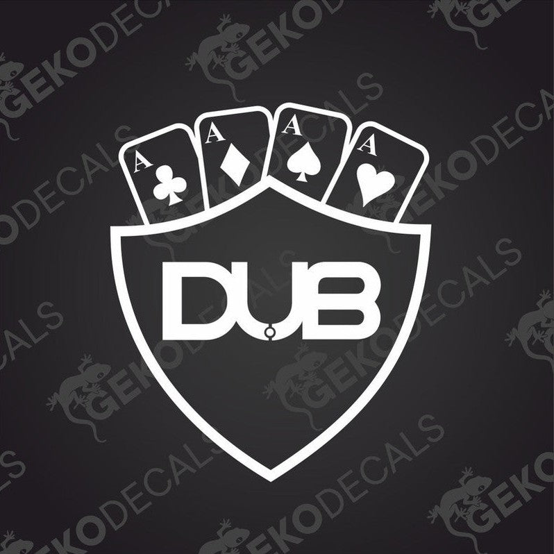 A car decal featuring a shield design with the text 'DUB' and four aces in a graphic format.