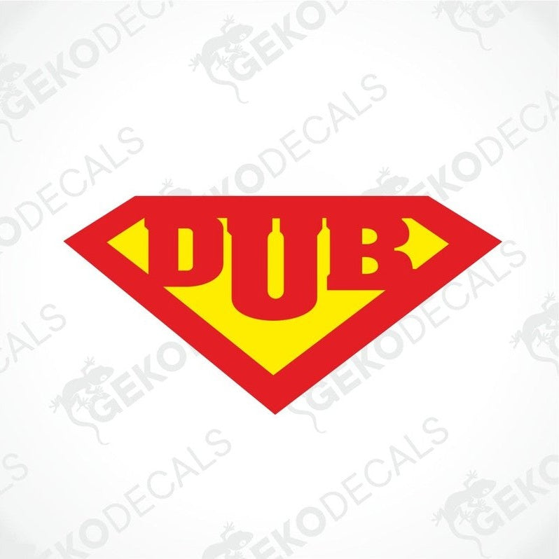 Red DUB die-cut car decal with yellow background and superhero emblem design