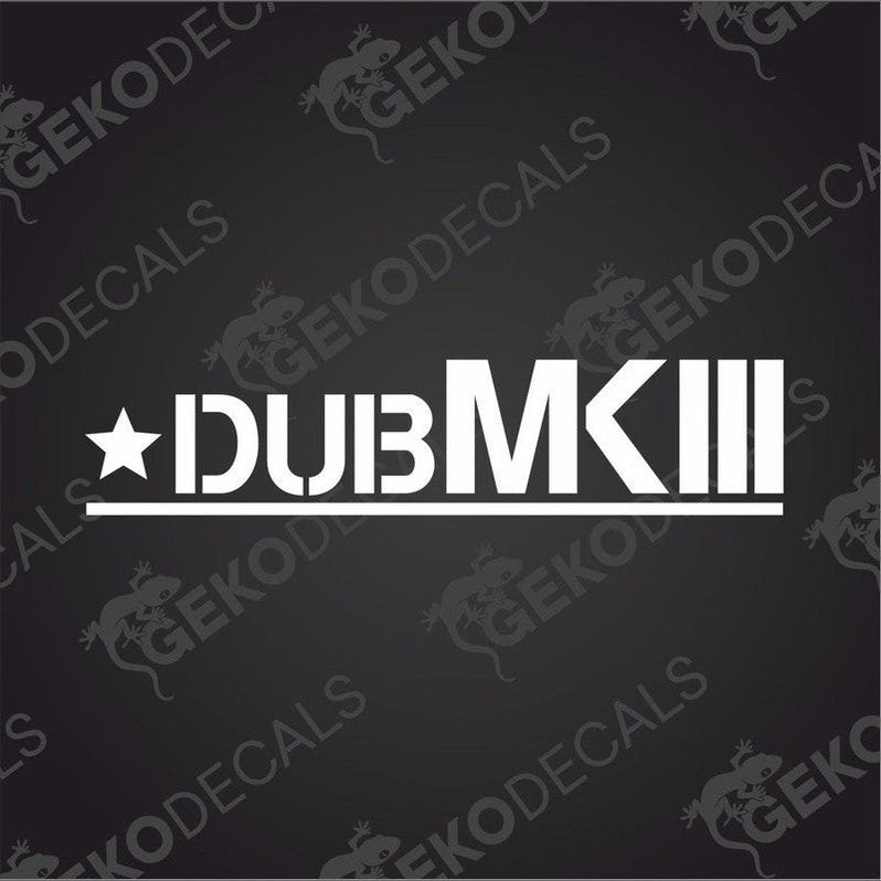 White DUB MK III die cut car decal with star and underline on transfer paper