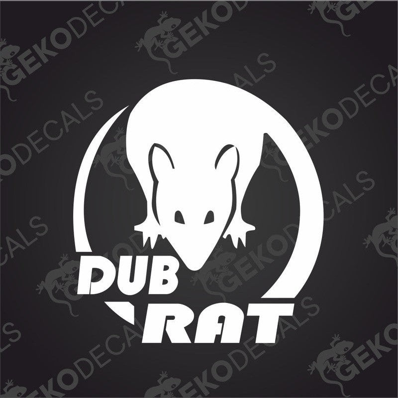 A white decal with the text 'DUB RAT' featuring a stylized graphic of a rat's head within a circle.