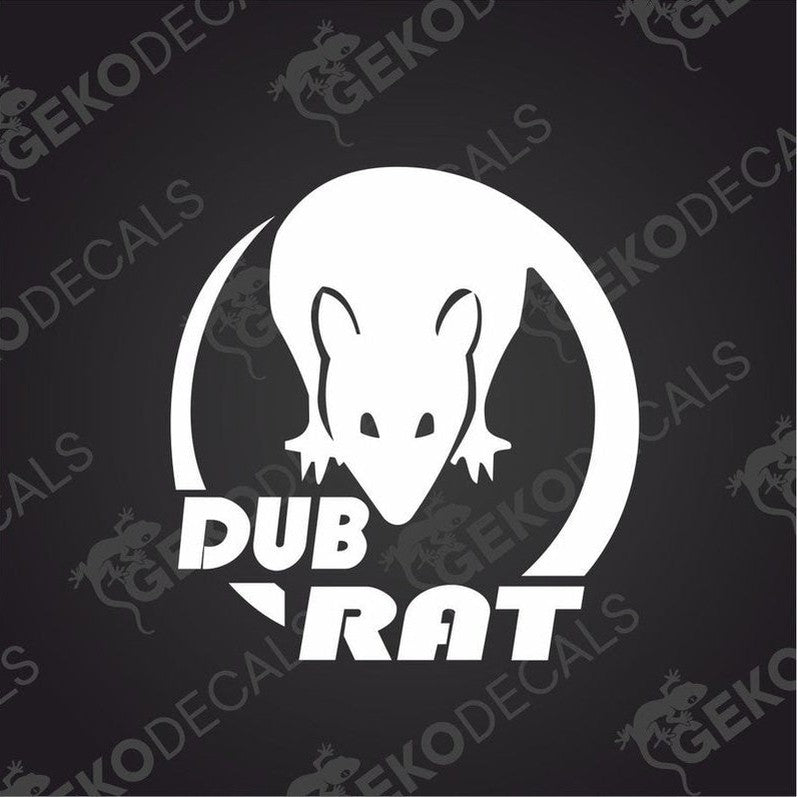 White DUB RAT die cut car decal with rat silhouette and bold text on transfer paper