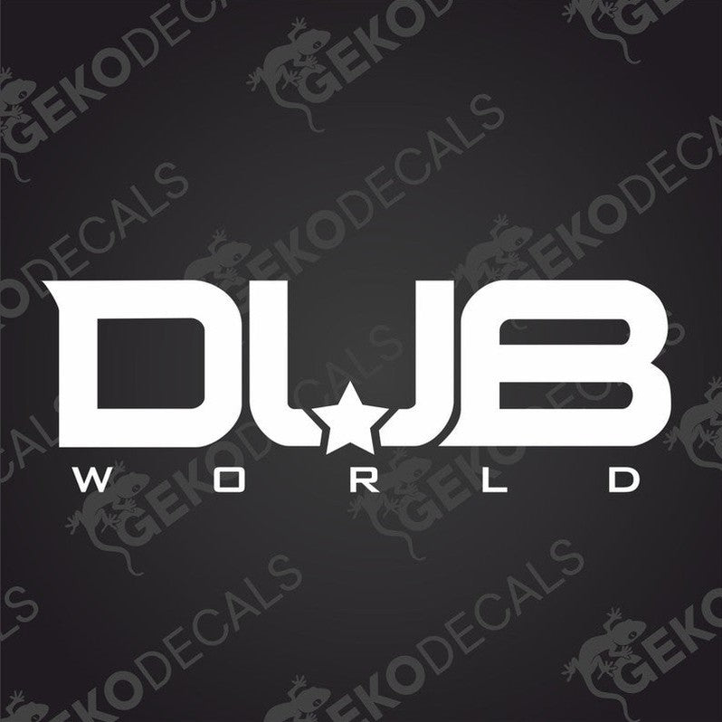 A decal with the text 'DUB WORLD' in white and a star symbol, with a logo at the top that has 'DUB' in white letters.
