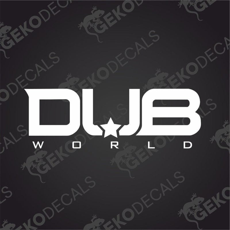 White DUB WORLD vinyl car decal with star U on dark background