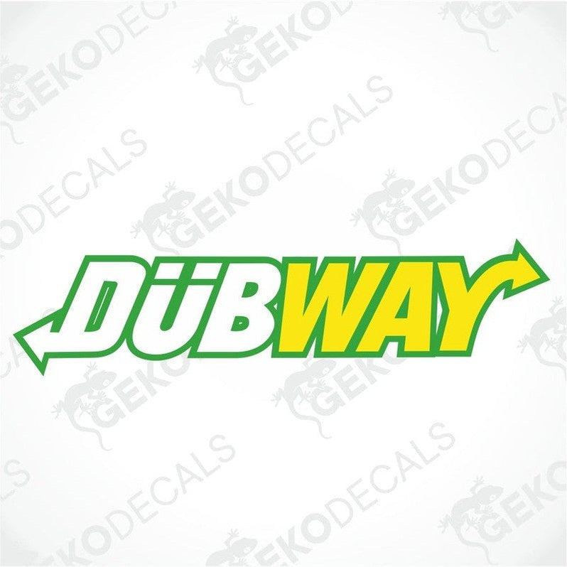 A sticker decal of the DÜBWAY logo, predominantly in green and yellow colors.