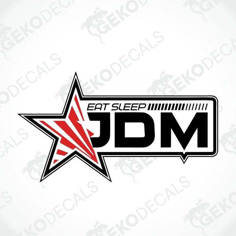 A black, red, and white car decal with the text 'EAT SLEEP JDM' and a star symbol.
