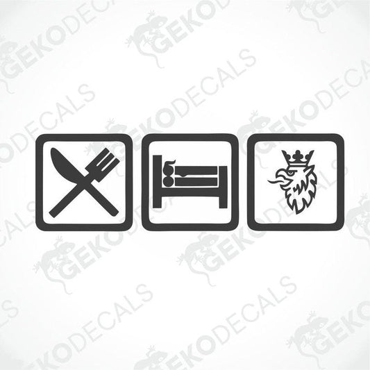 A sticker design featuring three icons representing eating, sleeping, and a Scania truck in a stylized format, typically used for vehicles.