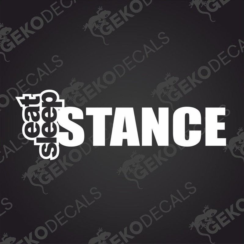 White EAT SLEEP STANCE die cut car decal on dark background