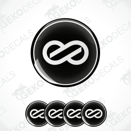 A set of four black vinyl stickers with a white Enkei logo design.