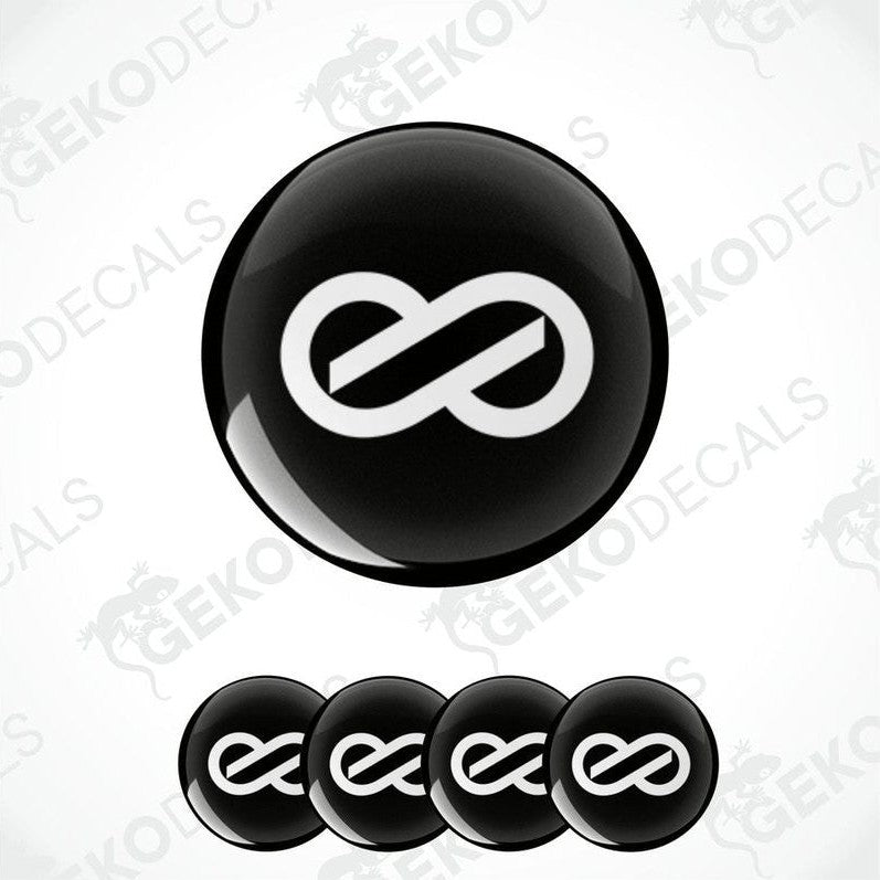 A set of four black vinyl stickers with a white Enkei logo design.