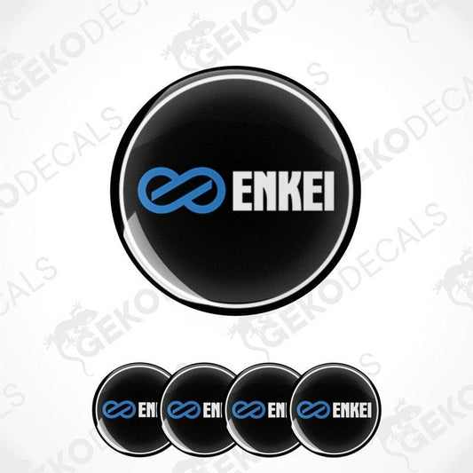 A set of four black vinyl stickers with the ENKEI brand logo in blue and white.