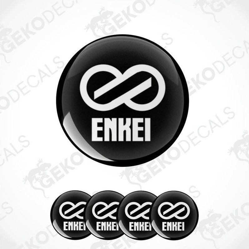 A set of four black vinyl stickers with a white ENKEI logo design.