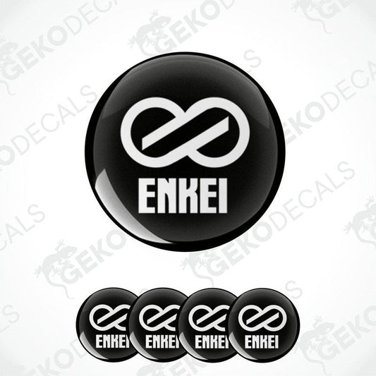 A set of four black vinyl stickers with a white ENKEI logo design.