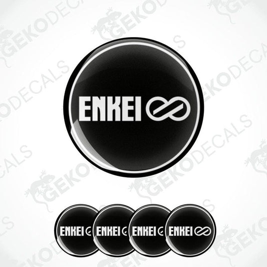 A set of four black vinyl stickers with the word 'ENKEI' and an associated symbol printed on them.