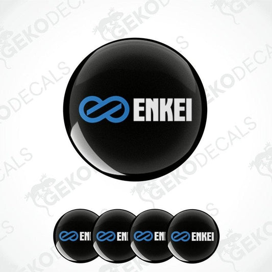 A set of four black vinyl stickers with a blue and white 'ENKEI' logo design.