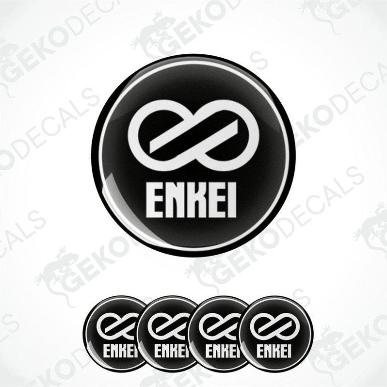 A set of four black and white vinyl decals with the ENKEI logo.