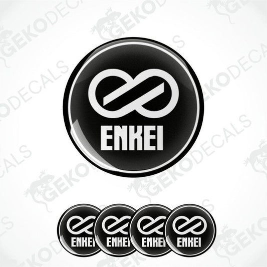 A set of four black and white vinyl decals with the ENKEI logo.
