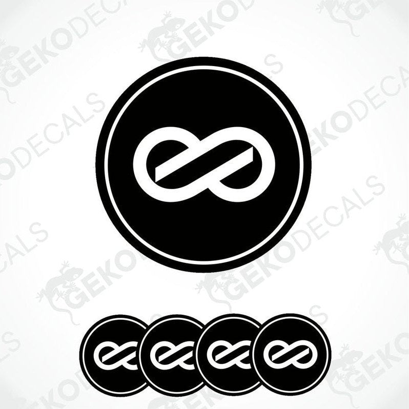 A set of four black vinyl stickers with a white Enkei logo design.