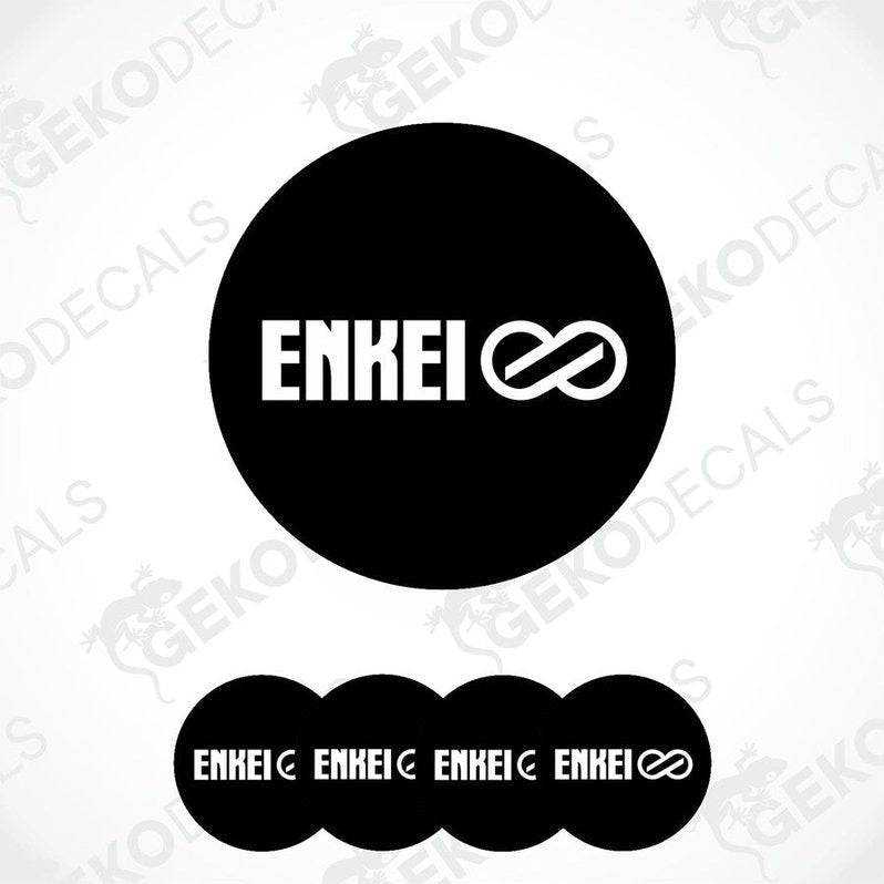 A set of four black vinyl stickers with the word 'ENKEI' and an associated symbol printed on them.