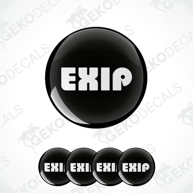 Set of four black vinyl decals with the EXIP brand logo in white text, designed for use as car wheel or vehicle decals.