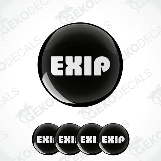 Set of four black vinyl decals with the EXIP brand logo in white text, designed for use as car wheel or vehicle decals.