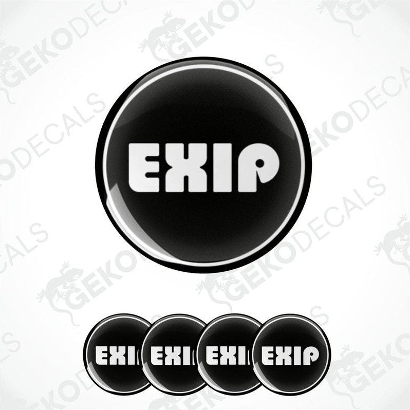 A set of four black vinyl stickers with the word 'EXIP' written on them, arranged in a circular pattern with a white background.