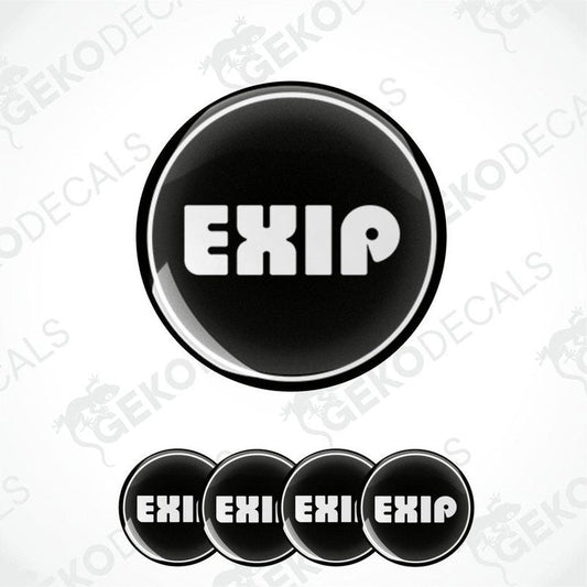 A set of four black vinyl stickers with the word 'EXIP' written on them, arranged in a circular pattern with a white background.