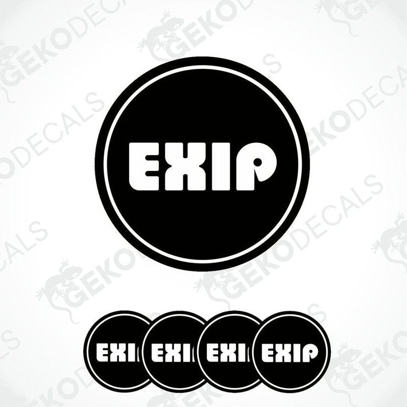 A set of four black vinyl stickers with the word 'EXIP' written on them, arranged in a circular pattern with a white background.
