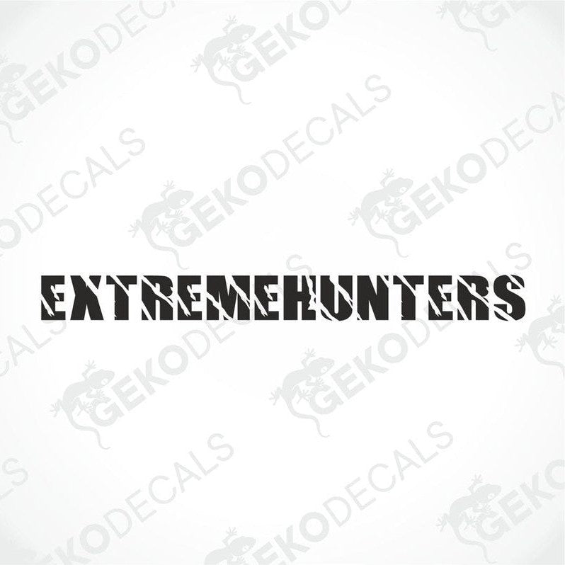 Black car windshield sticker with cut-out text EXTREMEHUNTERS