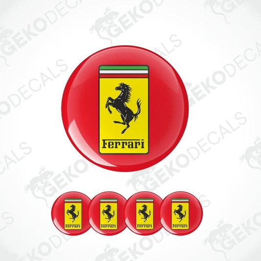 A set of four red vinyl decals with the Ferrari logo.