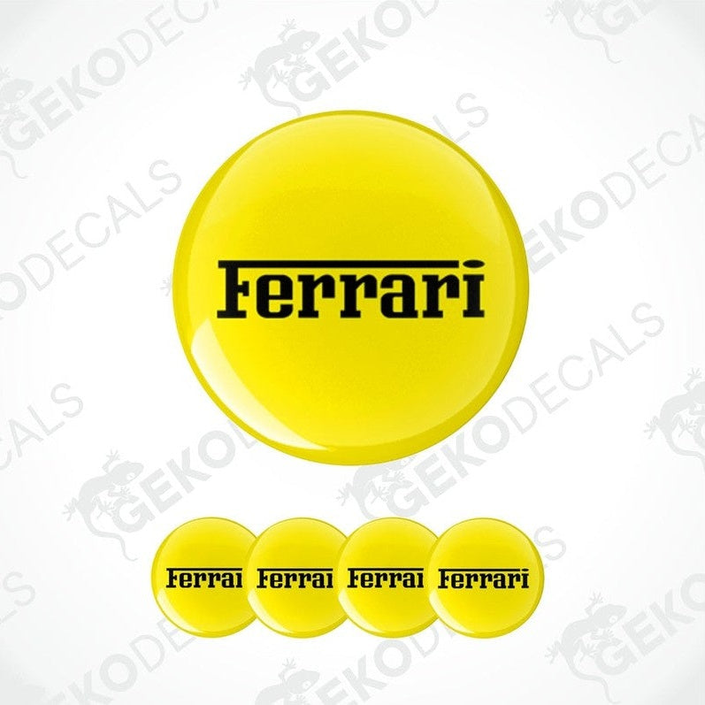 Set of yellow vinyl stickers with black Ferrari logo, four round stickers for car rims.