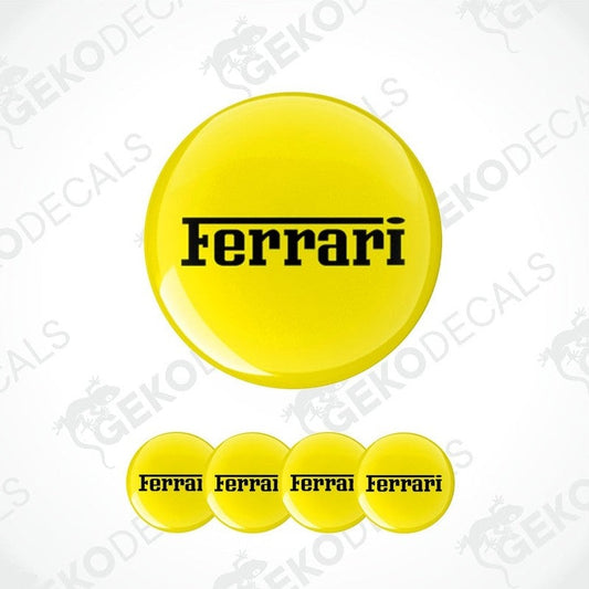 Set of yellow vinyl stickers with black Ferrari logo, four round stickers for car rims.