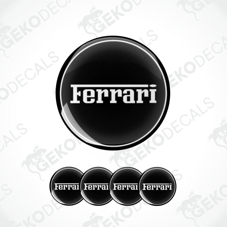 Set of black vinyl stickers with white Ferrari logo, four round stickers for car rims.
