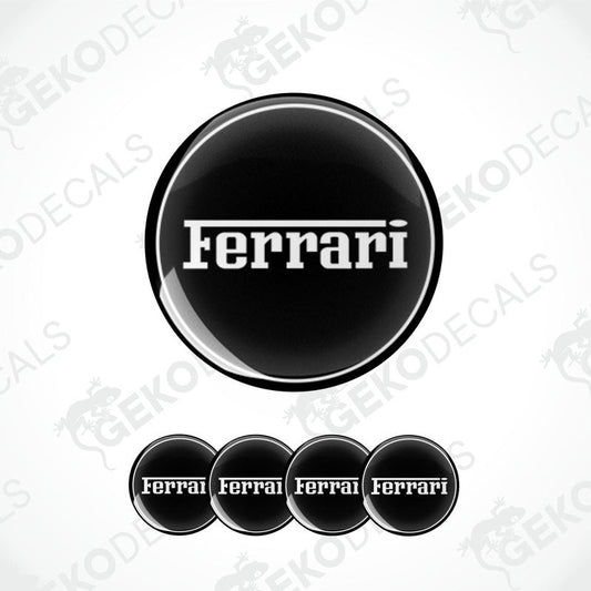 Set of black vinyl stickers with white Ferrari logo, four round stickers for car rims.