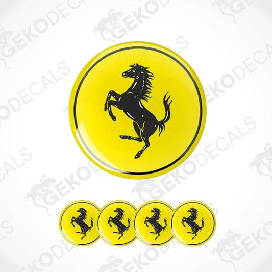 Set of yellow vinyl stickers with black Ferrari logo, four round stickers for car rims.