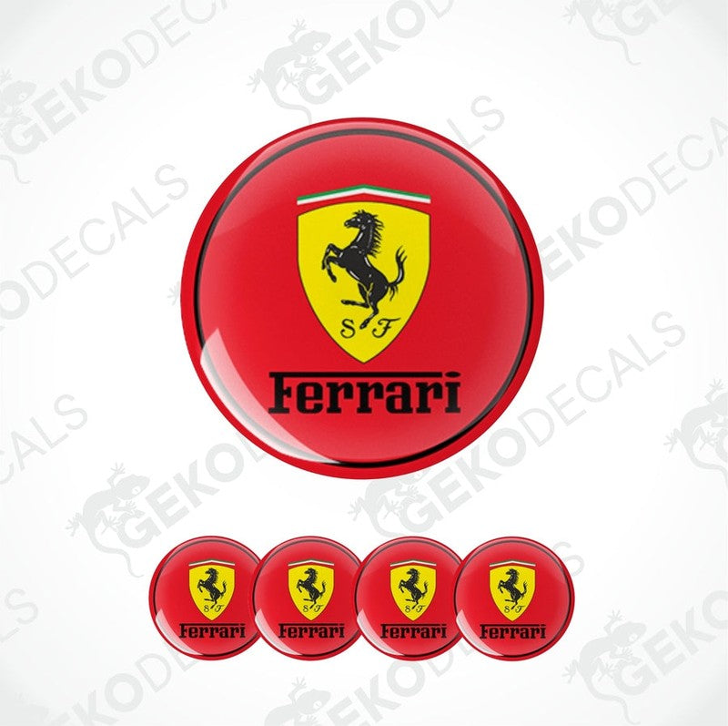 A set of red, yellow, and black vinyl decals with the Ferrari logo.