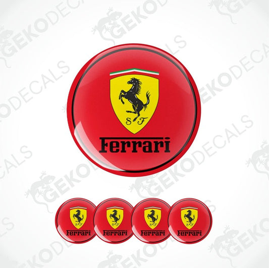 A set of red, yellow, and black vinyl decals with the Ferrari logo.