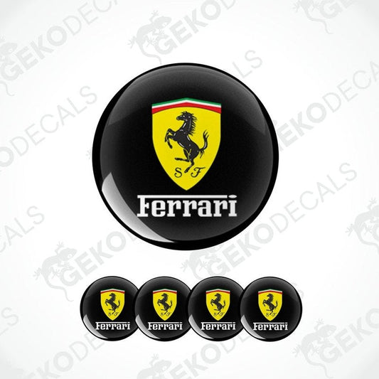 A set of black, yellow, and red vinyl decals with the Ferrari logo.