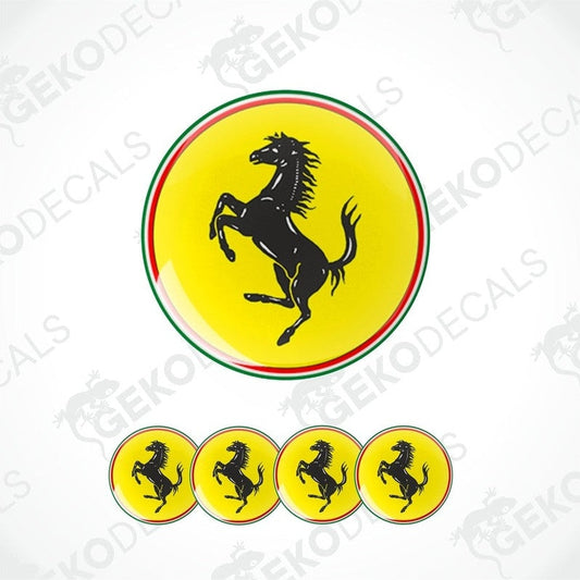 A set of four round vinyl stickers with a multicolored geometric pattern featuring the Ferrari logo.