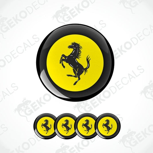 Set of black vinyl stickers with a black Ferrari horse logo inside a yellow circle, four round stickers for car rims.