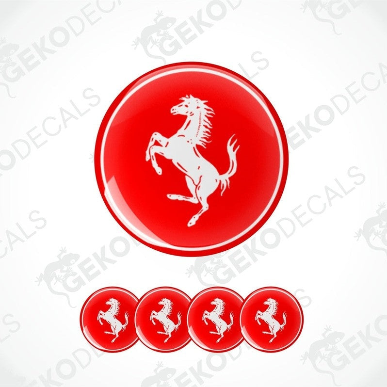 Set of vinyl red decals with a white FERRARI horse logo on a white background, including four round decals for car wheels.