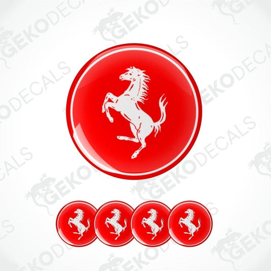 Set of vinyl red decals with a white FERRARI horse logo on a white background, including four round decals for car wheels.