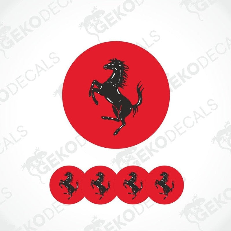 A set of red vinyl decals with a black FERRARI horse logo, designed for use on car wheels or caps.