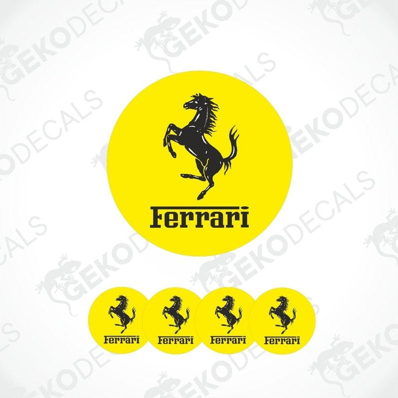 A set of yellow vinyl decals with the Ferrari logo applied on them, displayed against a white background.