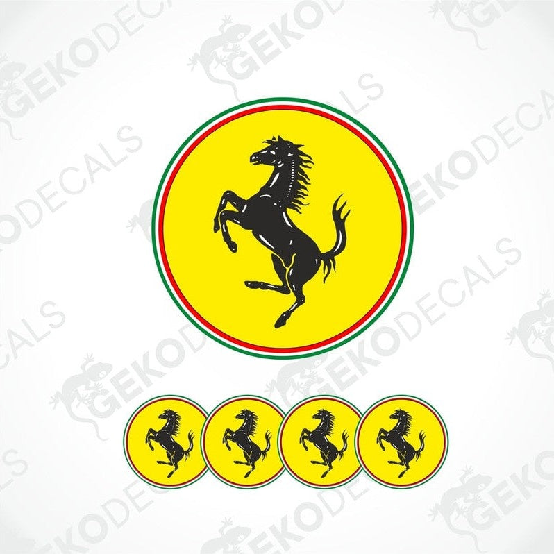 A set of four round vinyl stickers with a multicolored geometric pattern featuring the Ferrari logo.