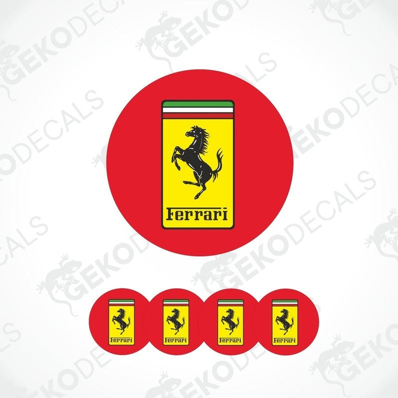 A set of four red vinyl decals with the Ferrari logo.