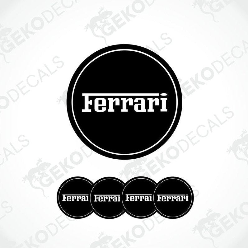 Set of black vinyl stickers with white Ferrari logo, four round stickers for car rims.