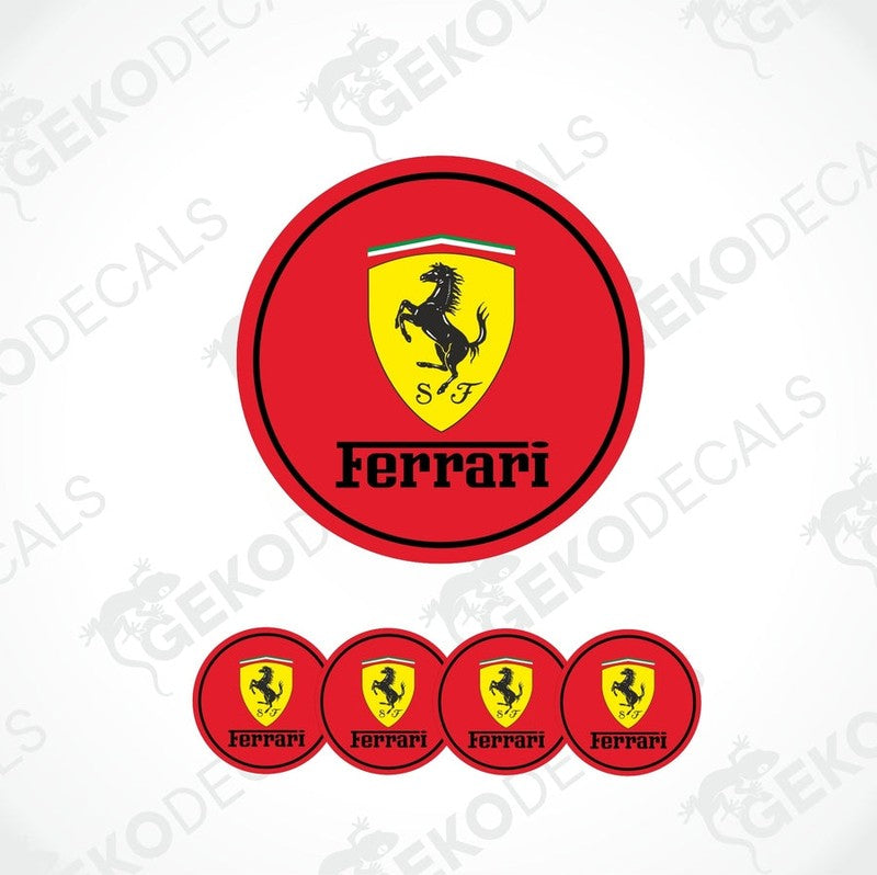 A set of red, yellow, and black vinyl decals with the Ferrari logo.